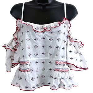 h&m divided off shoulder cropped fairycore white, red, blue women's blouse l